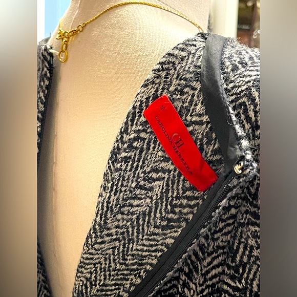CAROLINA HERRERA Black & White Herringbone Sheath Pencil Dress Round Neckline 12 - Picture 9 of 10